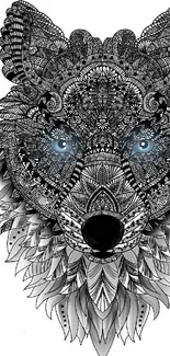 Intricate black and white wolf design with blue eyes.