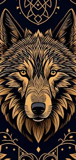 Intricate geometric wolf art on dark blue background.