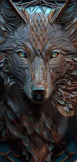 Intricate wolf design with blue eyes and copper accents.