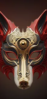 Intricate red and gold wolf mask wallpaper.