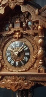 Intricate wooden clock with ornate details.