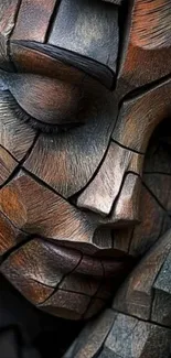 Intricate wooden face sculpture with delicate details.