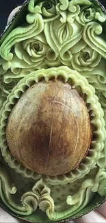 Intricately carved avocado art with seed.