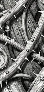 Intricate pattern of twisted thorns with water droplets in grayscale design.