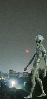 Alien figure under a dark night sky with city lights and a red moon.