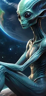 Alien figure with a planet backdrop in space-themed wallpaper.