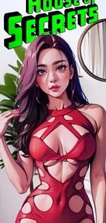 Stylish animated character in red dress.