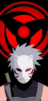 Anime character with mask on vibrant red and black background.