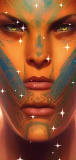 Ethereal tribal face art with vibrant, warm colors.