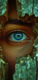 A blue eye looking through a hole in wood texture.