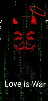 Dark wallpaper featuring a red devil mask with green code background.