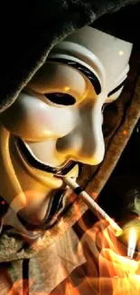 Masked figure with glowing cigarette in dark, striking wallpaper.