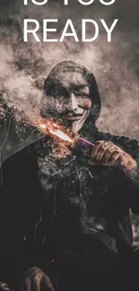 Masked figure with smoke bomb in urban setting wallpaper.