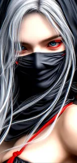 Anime ninja warrior with blue eyes and black mask in striking mobile wallpaper.