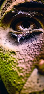 Close-up of a textured, earthy-toned face in artistic wallpaper.