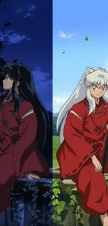 Inuyasha wallpaper featuring day and night scenes in vibrant colors.