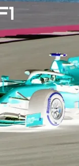 Inverted teal Formula One race car on track.