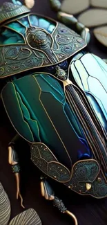 Close-up of an iridescent beetle with intricate details and vivid colors.