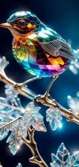 Iridescent bird on crystal branch with vibrant colors.