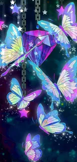 Iridescent butterflies with a cosmic theme on a mobile wallpaper.