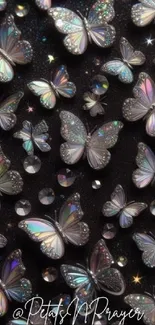 Holographic butterflies and crystals on a black background.