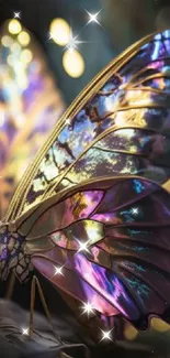 Iridescent butterfly with glowing wings on a fantasy-themed background.