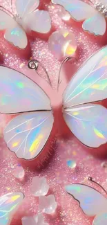 Iridescent butterflies on pink glitter background.