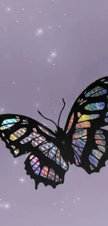 Iridescent butterfly on lavender background wallpaper.