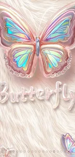 Holographic butterfly on pastel fur background with elegant text.