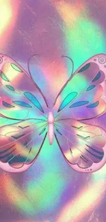 Iridescent butterfly on colorful background wallpaper.