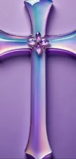 Iridescent cross on a soft purple background.