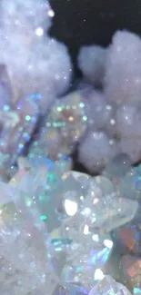 Iridescent crystals sparkle in a galaxy-like setting on a mobile wallpaper.