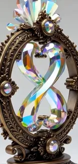 Ornate iridescent crystal ornament with infinity symbol design.