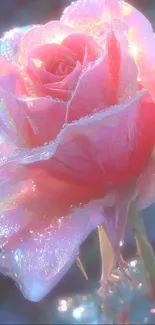 Dew-covered pink rose with iridescent petals.