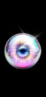 Iridescent eye orb on dark background, vibrant colors glowing.