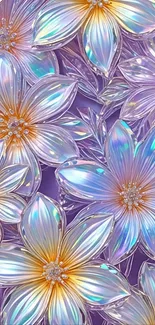 Iridescent flowers on purple background wallpaper.