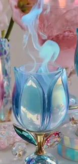 Iridescent floral glassware with colorful smoke rising.