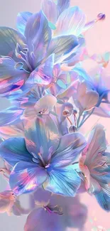 Iridescent floral wallpaper with pastel hues and delicate blossoms.