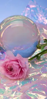 Iridescent sphere with a pink flower on pastel background.