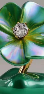 Iridescent flower with diamond center on green background.