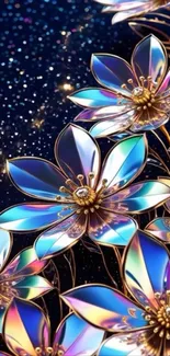 Iridescent flower galaxy wallpaper with dark blue background.