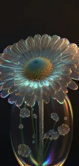 Iridescent flower in a glass vase on a black background.