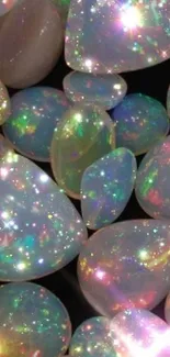 Iridescent gemstones sparkle in colorful light.