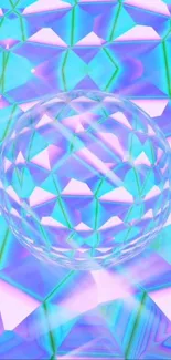 Iridescent geometric pattern with crystal sphere, colorful phone wallpaper.