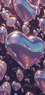 Iridescent heart bubbles on dark background.