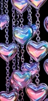 Iridescent heart chains on a dark background.