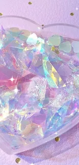 Iridescent heart with crystals on a pink background wallpaper.