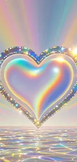 Iridescent heart above sparkling ocean reflection.