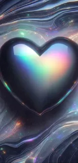 A vibrant iridescent heart on a cosmic mobile wallpaper.