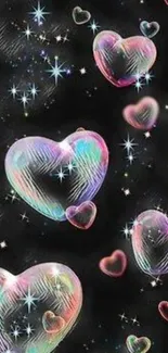 Iridescent hearts with stars on a black galaxy background.